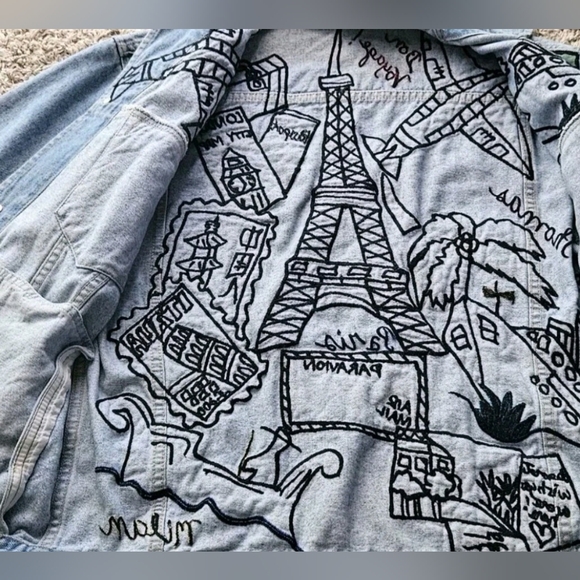 Silkscapes Women's Embroidered Travel The World Blue Jean Jacket Size Small Vtg - Picture 16 of 16